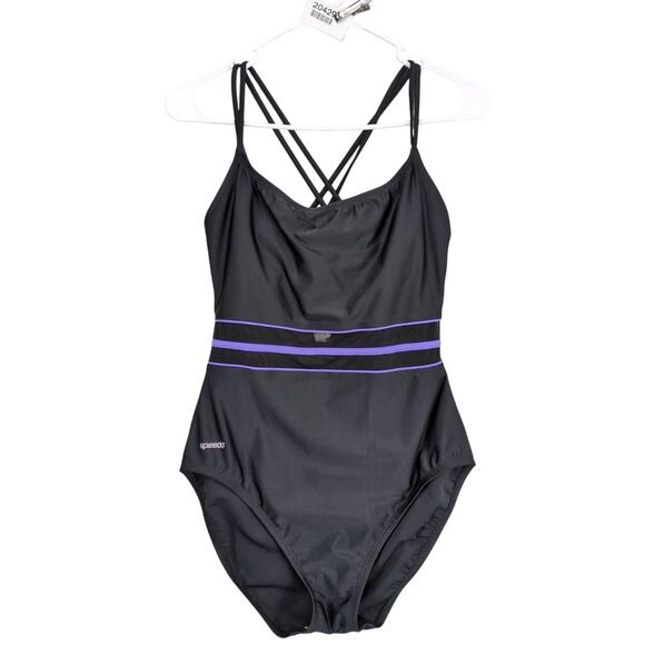Speedo Women's 12 Black One-Piece Swimsuit Bathing Suit Sheer Waist Panel Hi-Cut - Picture 1 of 6